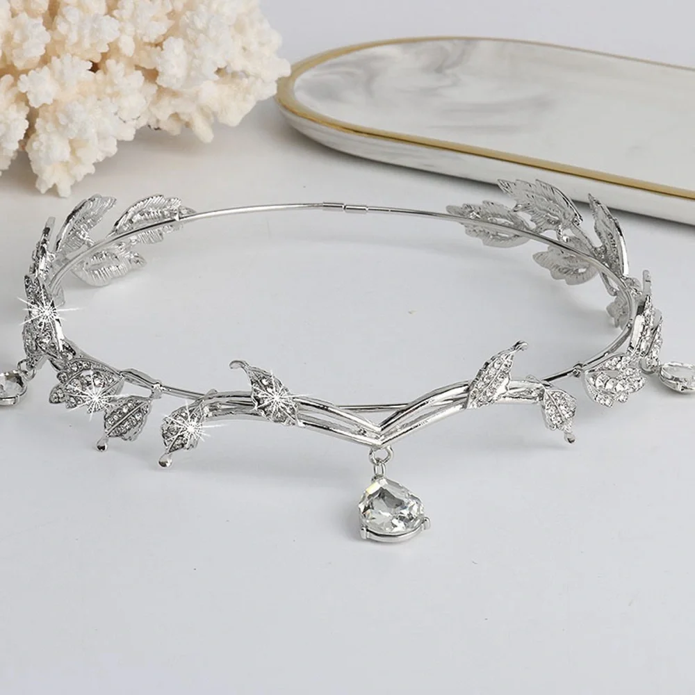 Vintage Silver Leaf Tiara with Clear Crystal Drop